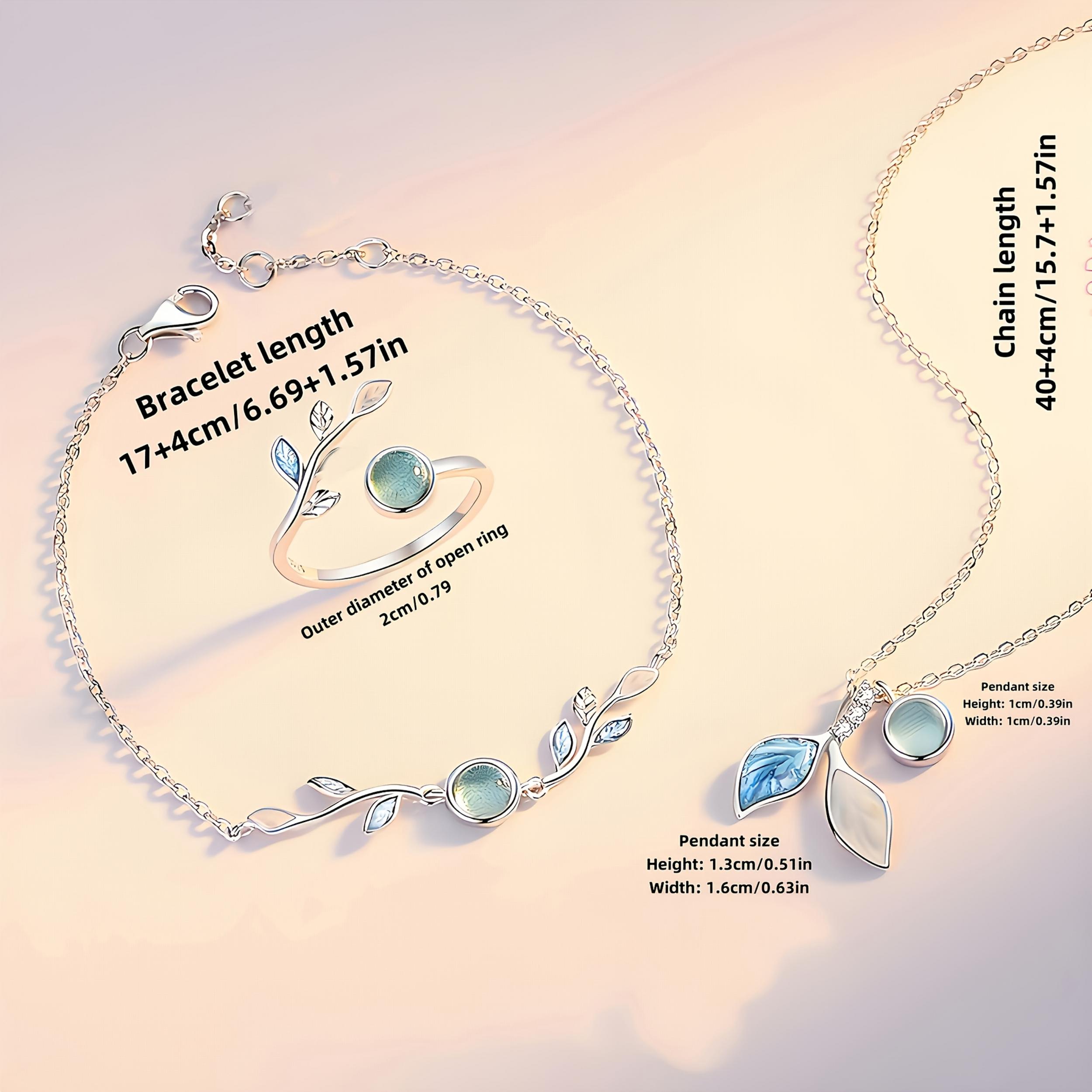 Moonstone Jewelry Set: Necklace, Ring, Bracelet, Leaf Design, 925 Silver Plated